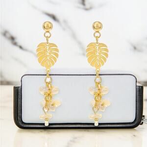 NEW 18K yellow gold plated BoHo leaf baroque pearl drop earrings jewelry B22B
